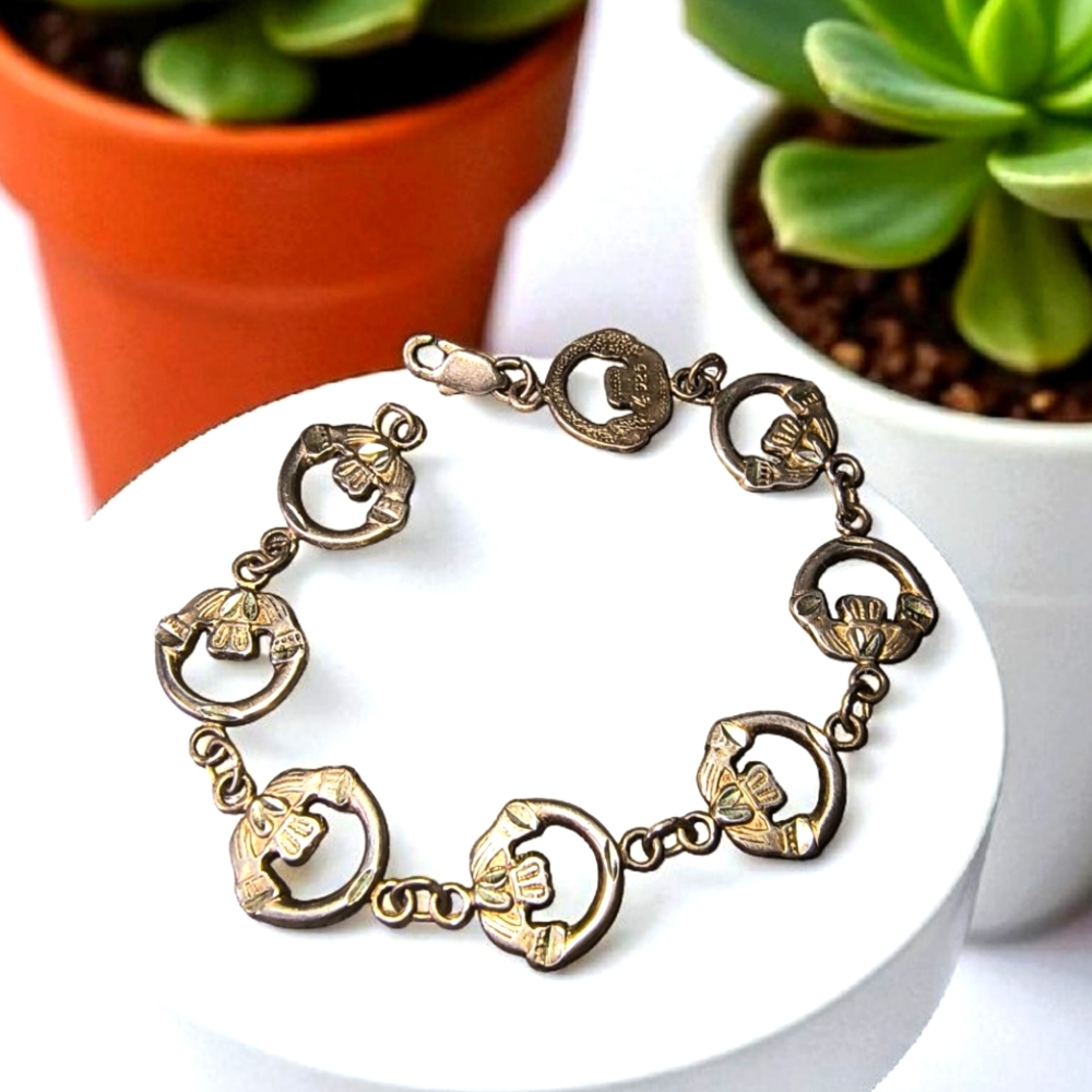 Vintage Sterling Silver Claddagh Flat Link Bracelet